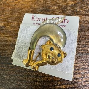 Vintage Gold Cat Brooch Pin with Rhinestones by Karat Club New Old Stock